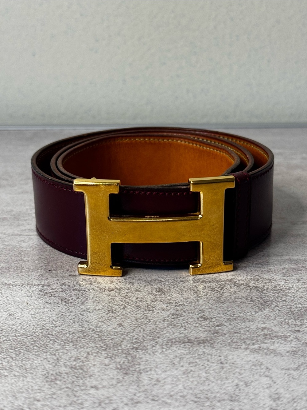 Hermès Reversible Burgundy and Tan Leather Belt with Gold H Buckle vintage